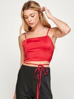 Back Zip Spaghetti Wrap Cropped Cami Tank Top Halter Sans Souci Red Womens L NEW